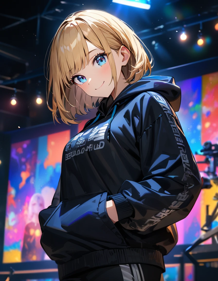 (((One girl))), blond hair, bob cut, (upper body), (looking at viewer), breasts, ager, head tilt:1.3, (((blue eye))), (from side), hand in pocket, ((happy smile)), black hoodie, black shorts, anime style, (best quality, 4k, 8k, highres, masterpiece:1.2, ultra-detailed, ultra-detailed eyes, HDR, UHD, studio lighting, ultra-fine painting, sharp focus, physically-based rendering, extreme detail description, professional, vivid colors, bokeh)