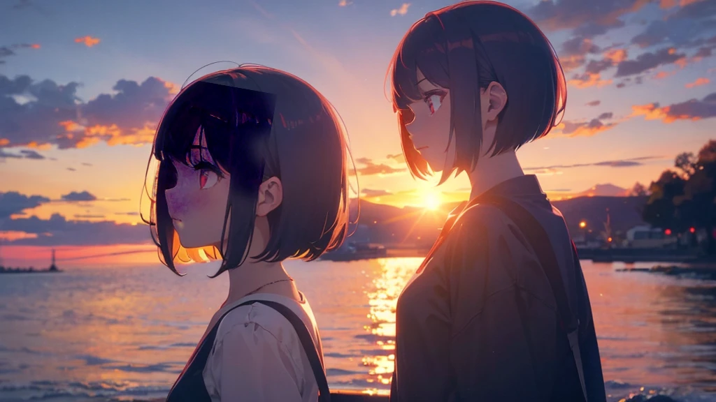 girl with short bob hair,Red eyes ,A shining sunset,sunset,Side view,Background center,4 of screens\Person 1