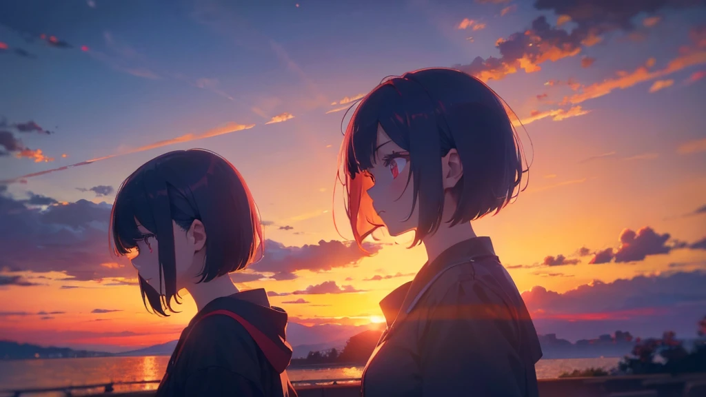 girl with short bob hair,Red eyes ,A shining sunset,sunset,Side view,Background center,4 of screens\Person 1