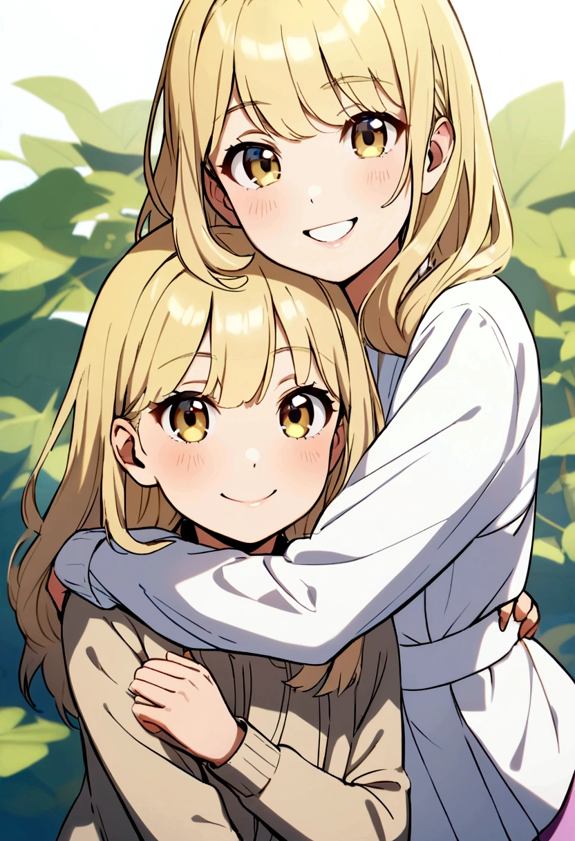 White yo twin sisters hugging real tight, blonde hair, smiling, happy, looking at viewer,