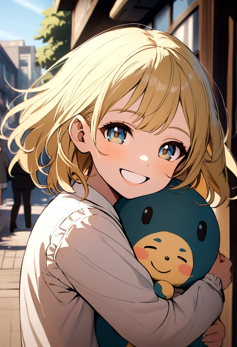 White  yo twin sisters hugging real tight, blonde hair, smiling, happy, looking at viewer,