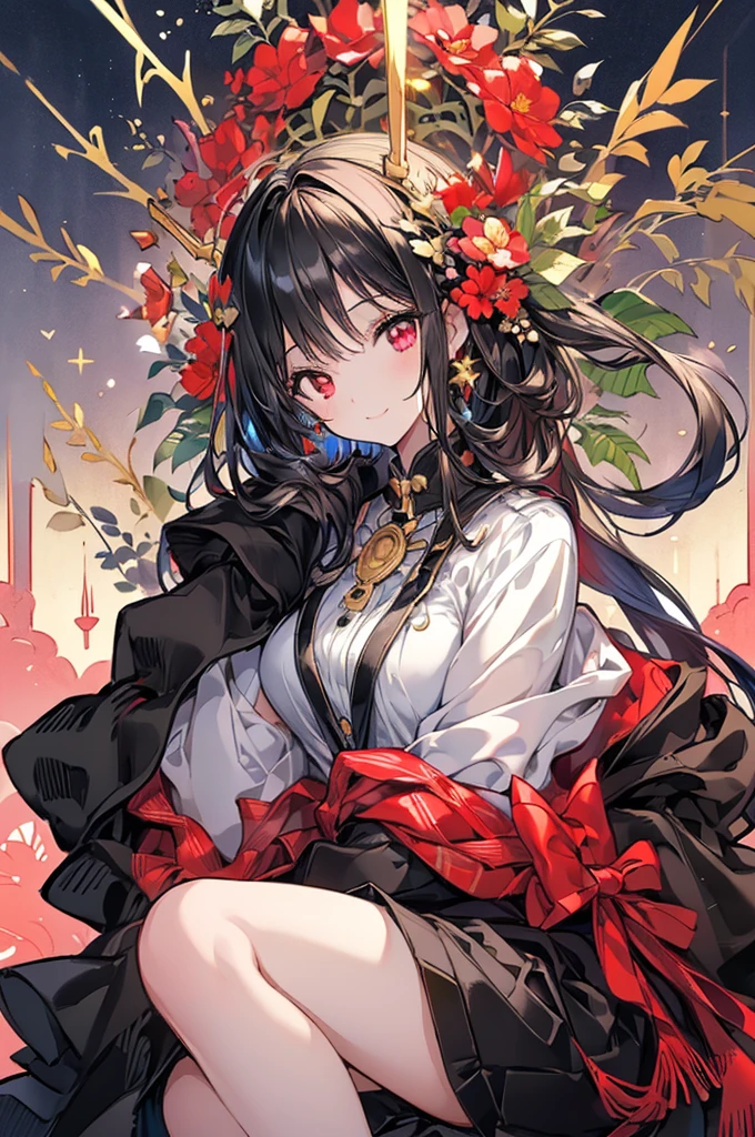 (masterpiece, Highest quality, Highest quality, (No text), beautifully、aesthetic:1.2),No text,anime、 High resolution break,One Girl,Short black hair Tree Eyes Beautiful Eyes Red eyes beautiful girl nice smile Black coat mini skirt whole body Night view Detailed eyes and face
