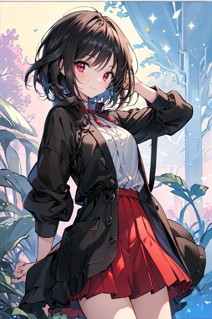 (masterpiece, Highest quality, Highest quality, (No text), beautifully、aesthetic:1.2),No text,anime、 High resolution　break,One Girl，Short black hair　Tree Eyes　Beautiful Eyes　Red eyes　beautiful girl　nice　smile　Black coat　mini skirt　whole body　Night view　Detailed eyes and face