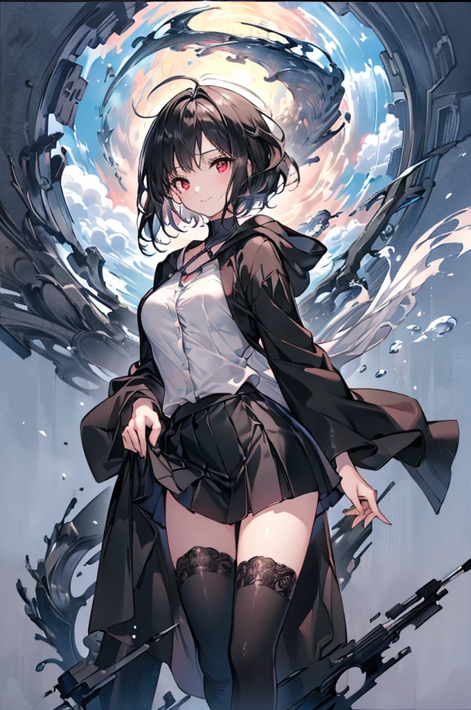 (masterpiece, Highest quality, Highest quality, (No text), beautifully、aesthetic:1.2),No text,anime、 High resolution　break,One Girl，Short black hair　Tree Eyes　Beautiful Eyes　Red eyes　beautiful girl　nice　smile　Black coat　mini skirt　whole body　Night view　Detailed eyes and face