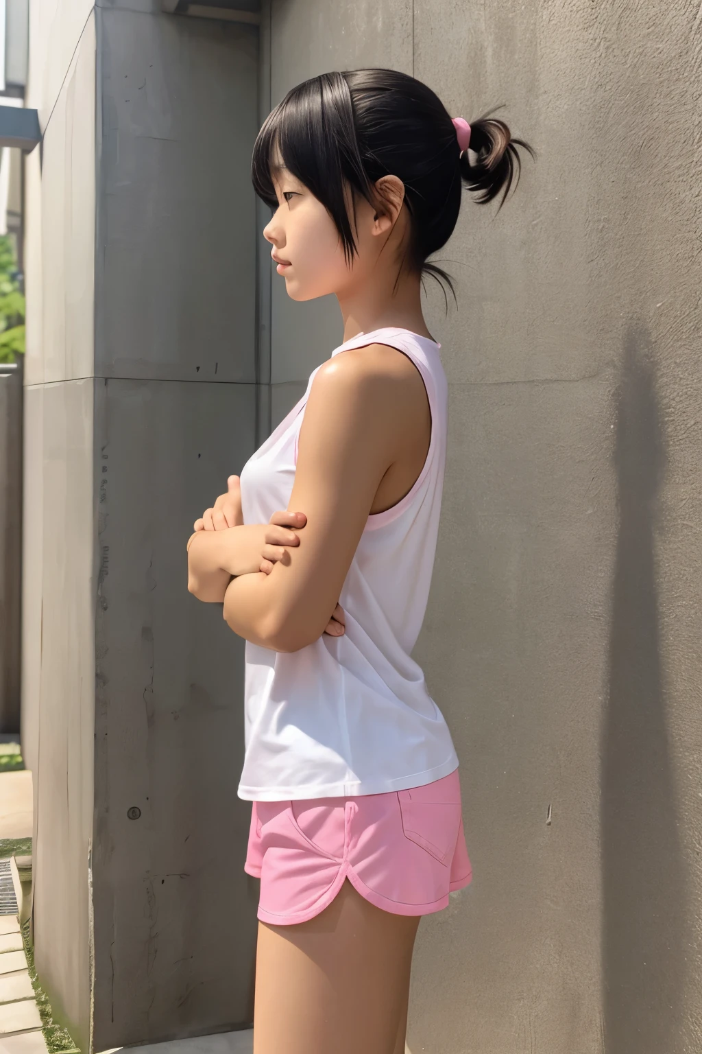 Japanese 14 year old girl ultra high definition、High-resolution, best quality profile photo、White sleeveless shirt and pink shorts、Black bob hair、Mouth open in surprise