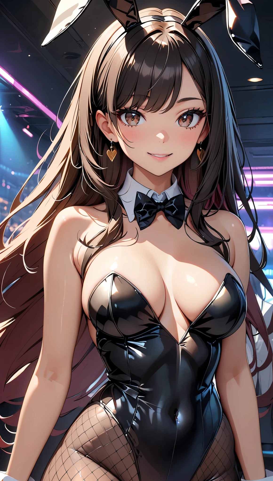 (Highest quality:1.2, High detail, masterpiece:1.2, Best aesthetics), (1 Girl), Cowboy Shot, ((Playboy Bunny, Fishnet tights:1.2, Bunny ears, ハイレグ leotard, 黒leotard:1.1, leotard)), (Black Hair, Long Hair, Asymmetrical bangs, Dark brown eyes), Beautiful detailed eyes, Beautiful detailed lips, Highly detailed face, Detailed Fashion, elegant, luxury, High quality fabric, Shine, Shine, smile, Random Pause, Dutch Angle, bar, Nightclub, night, Dramatic lighting, Cinematic, Bright colors, Intricate details, Chiaroscuro lighting.