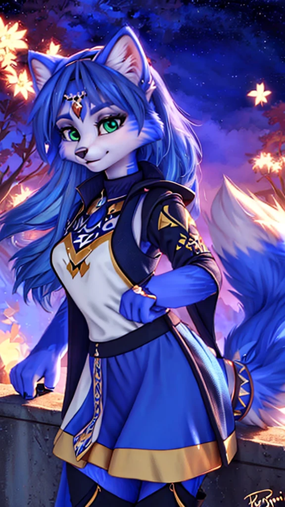 A beautiful and detailed (sweet picture) of ((Krystal)), Star Fox Krystal, detallierte augen, green eyes, medium breasts, (((Long blue hair 1.3))),  ((black hair tips)), Decollete, anthro, furry, Uploaded E621, detailed fluffy fur, (wa Fluff-Kevlar, Bayard Wu, Personalami, Pino Daeni), detailed face, (fluffy), 1 girl, alone, brustpanzer, brüste sind verdeckt 
