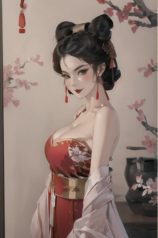 masterpiece,best quality,4K, masterpiece, high resolution, Complex 3D rendering of ultra-detailed beautiful porcelain contoured female face,Vivid details,（high resolution），Ultra Detail，Vivid details,（8K，original photo），（Best quality），（masterpiece），(((Full and soft breasts,)))(((Large Breasts))) (((Cleavage)))1 girl, bushing, Smile, Red Dress, Chinese clothes, Bare shoulders, Pink earrings, Fox Demon, Half squinted, flirtatious, White and red, traditional Chinese painting, Super high quality details 