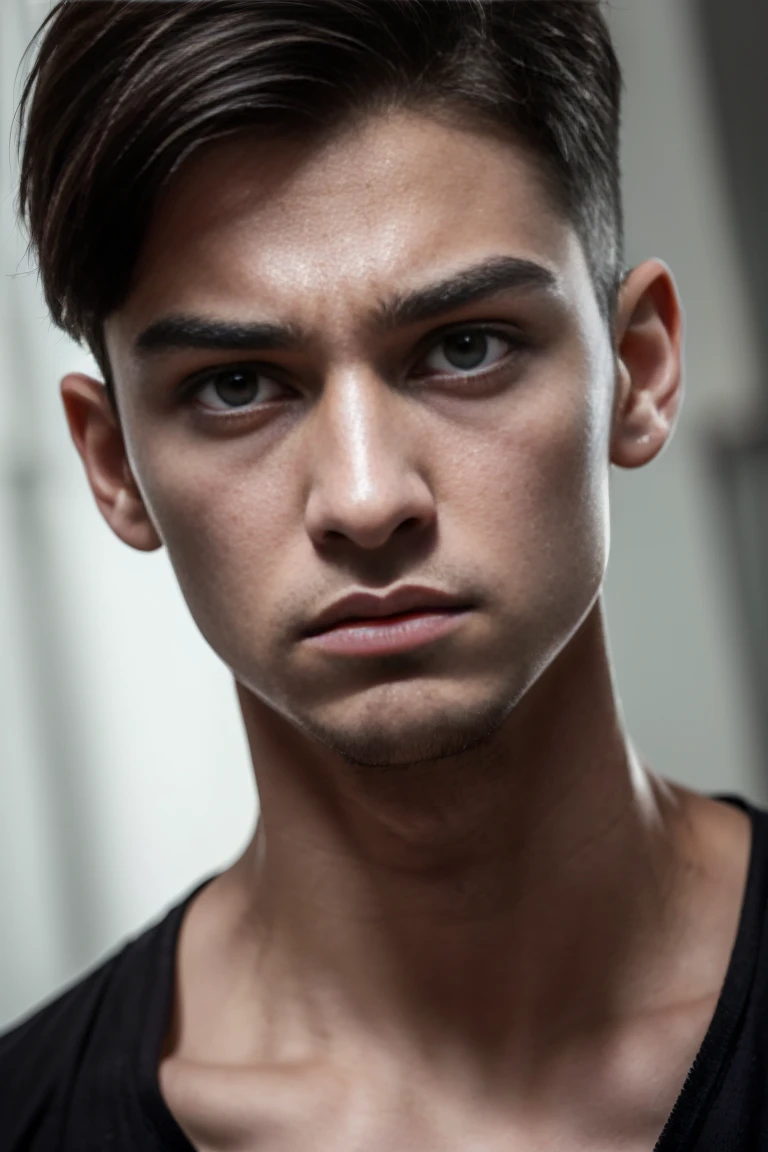 masterpiece, best quality, ultra-detailed, (portrait of a young man with purplish cheeks and downcast eyes:1.2), (small man aged eighteen to nineteen:1.1), (appears weak:1.1), (irregular but delicate features:1.2), (aquiline nose:1.1), (large black eyes reflecting thought and fire:1.3), (eyes currently expressing fierce hatred:1.4), (dark chestnut hair:1.2), (hair set low giving a small forehead:1.1), (malicious look when angry:1.3), (slim and well-proportioned build suggesting lightness over strength:1.2), (extremely pensive appearance:1.2), (pale complexion:1.1), (sorrowful and hateful expression:1.4), (photorealistic:1.5), (high resolution:1.5)