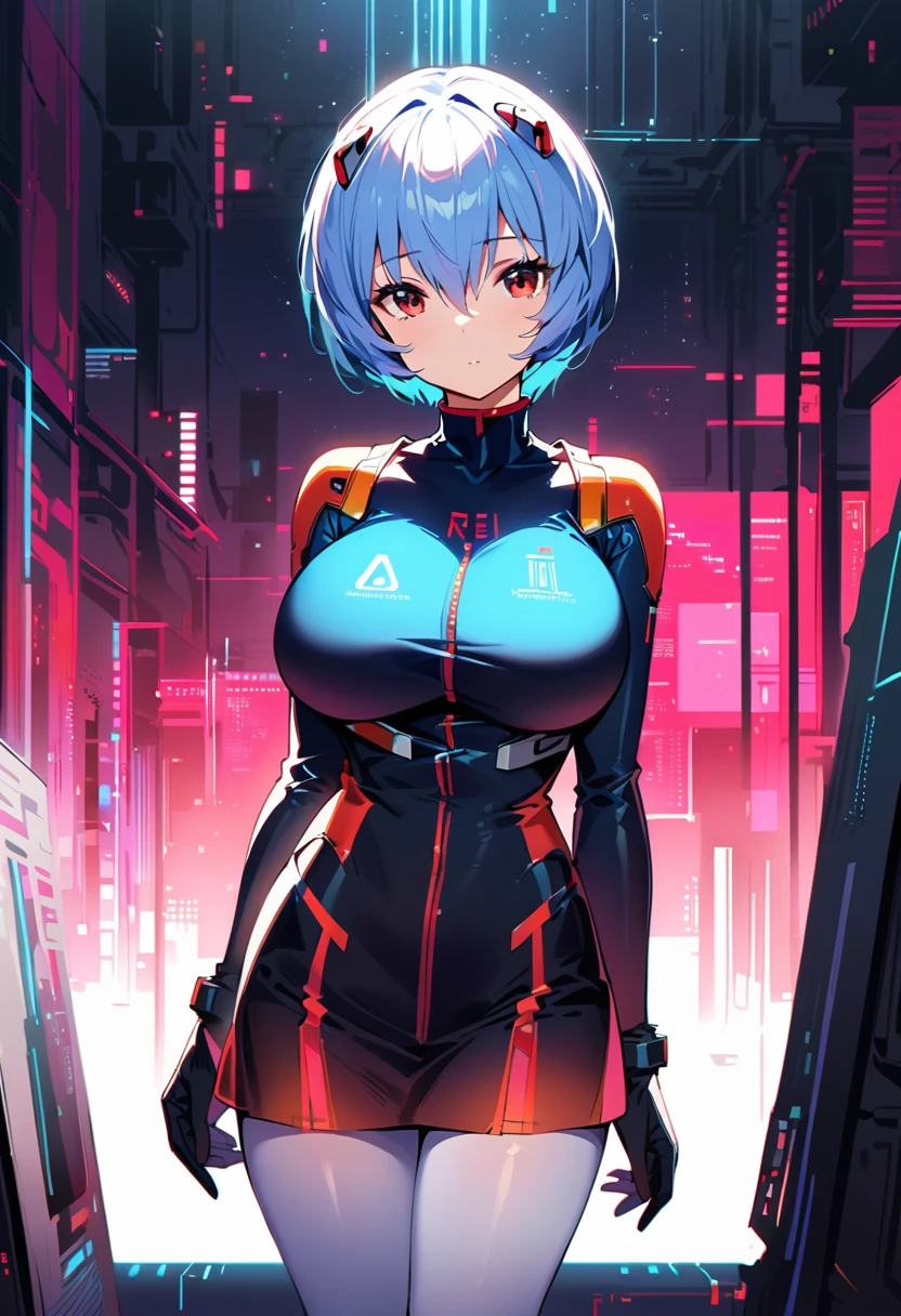 (best quality:1.2),1 Girl,Solitary,Ayanami Rei,White tights,Red Eyes,Pilot suit,short hair,Blue Hair,Bangs,Interface Headphones,turtleneck sweater,Hair between the eyes,Pixelated background,Neon,Sci-fi color scheme,Bright colors,metallic feel,Detailed shadows,Holographic interface,Dark atmosphere,High contrast,Clear focus,A strand of hair,Reflective surface,Fine details,high resolution,Studio Lighting,Red embellishment,Illuminate your surroundings,Extra large breasts,