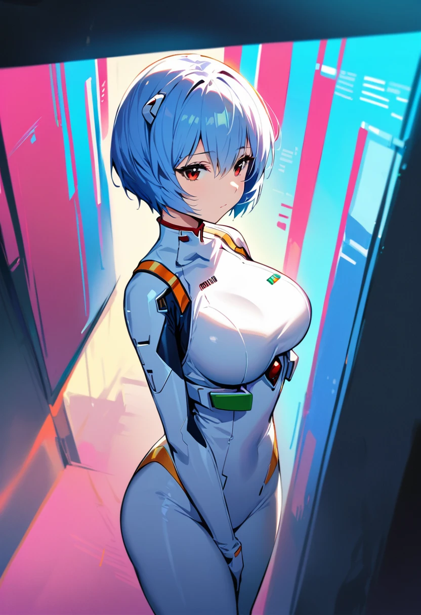 (best quality:1.2),1 Girl,Solitary,Ayanami Rei,White tights,Red Eyes,Pilot suit,short hair,Blue Hair,Bangs,Interface Headphones,turtleneck sweater,Hair between the eyes,Pixelated background,Neon,Sci-fi color scheme,Bright colors,metallic feel,Detailed shadows,Holographic interface,Dark atmosphere,High contrast,Clear focus,A strand of hair,Reflective surface,Fine details,high resolution,Studio Lighting,Red embellishment,Illuminate your surroundings,Extra large breasts,