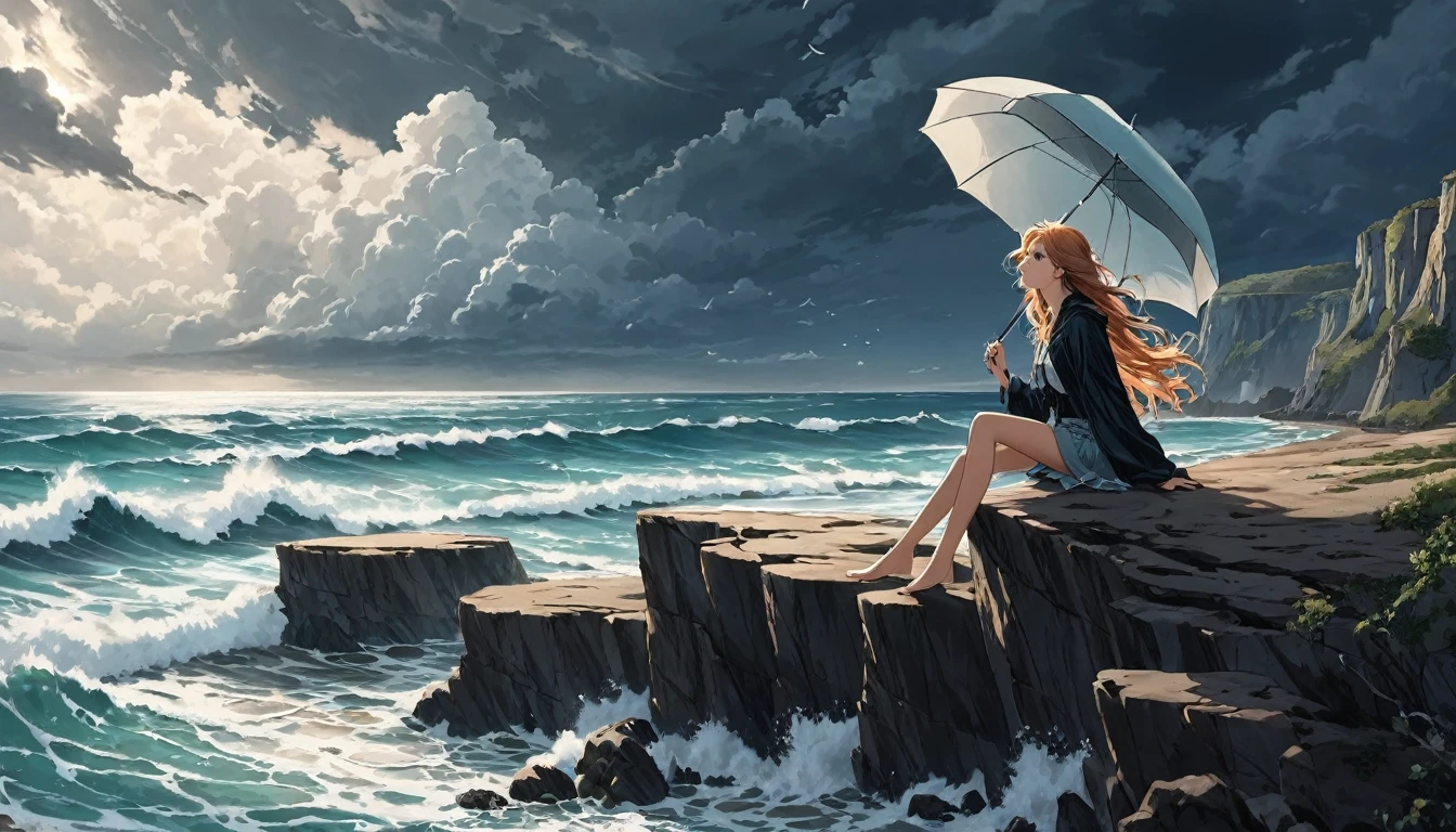 Sea with waves. A sky with dark clouds. A beautiful beach with cliffs. An 18-year-old girl sits precariously on a high cliff with an umbrella. Her girl's hair blows in the wind. Five pretty fingers.