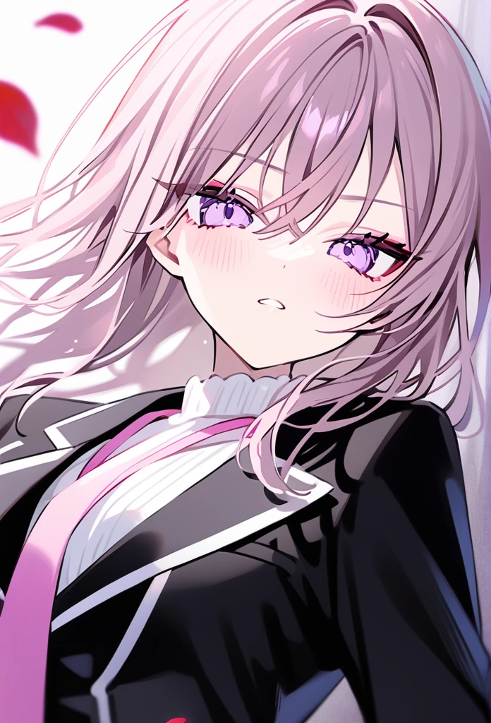 rurudo, 1girl,  solo,  light purple eyes, purple eyes, pink ribbon on back hair, drama club leader, dramatic face, rose petal falling with elegant