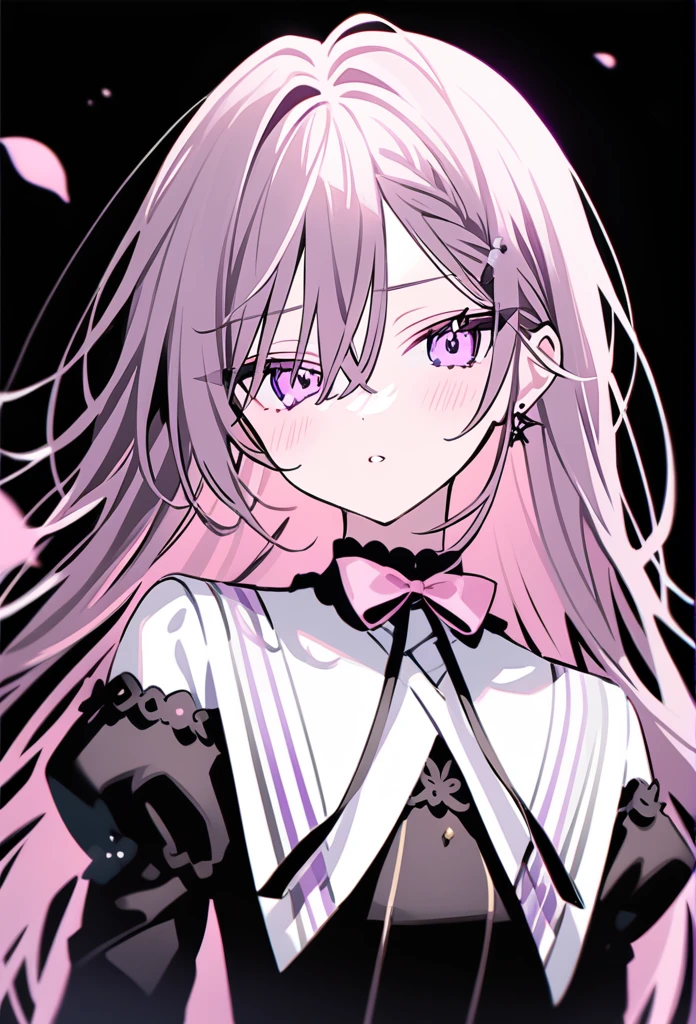 rurudo, 1girl,  solo,  light purple eyes, purple eyes, pink ribbon on back hair, drama club leader, dramatic face, rose petal falling with elegant