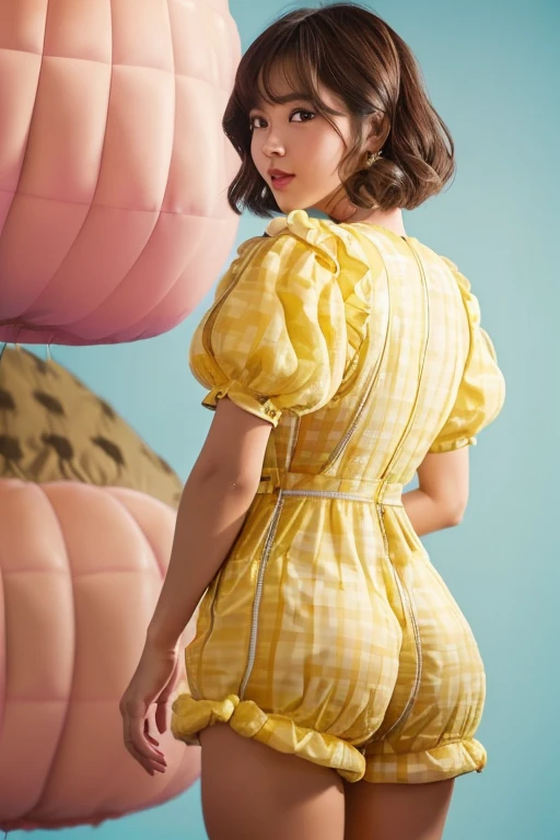 lady, (photorealism:1.2), wearing yelllow gingham check one-length rompers, (the buttocks of her rompers inflated puffy-fluffy:1.6), shoot from side, in an amusement park