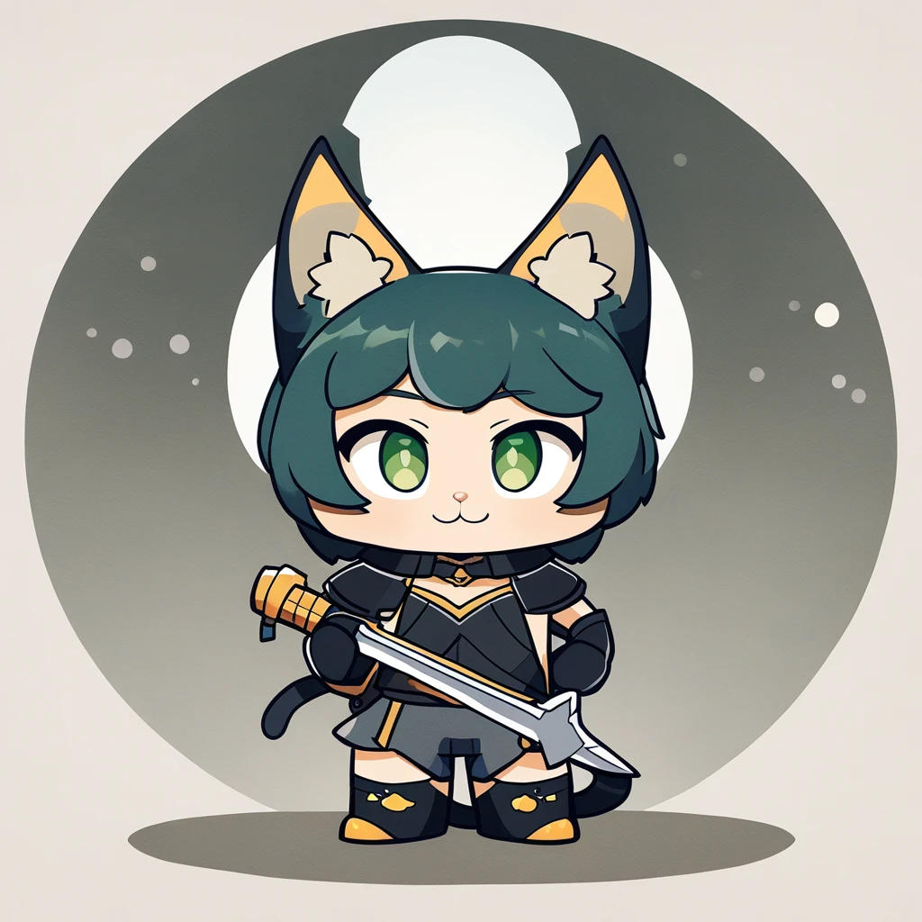 1 Boy, Solitary, Diketone (Genshin Impact), cat tail, Animal ear fluff, have, shorts, Green Eyes, Catwoman, Gloves, white Gloves,  Separate sleeves, 4K, Ultra HD, absurd, Pixiv Featured, Simple shadow, Japanese cartoons art, Japanese cartoons, Cartoon shading, de-tailed eyes, Circle, Smiling Chibi, Gachapon style, adventure，warrior，Samurai sword