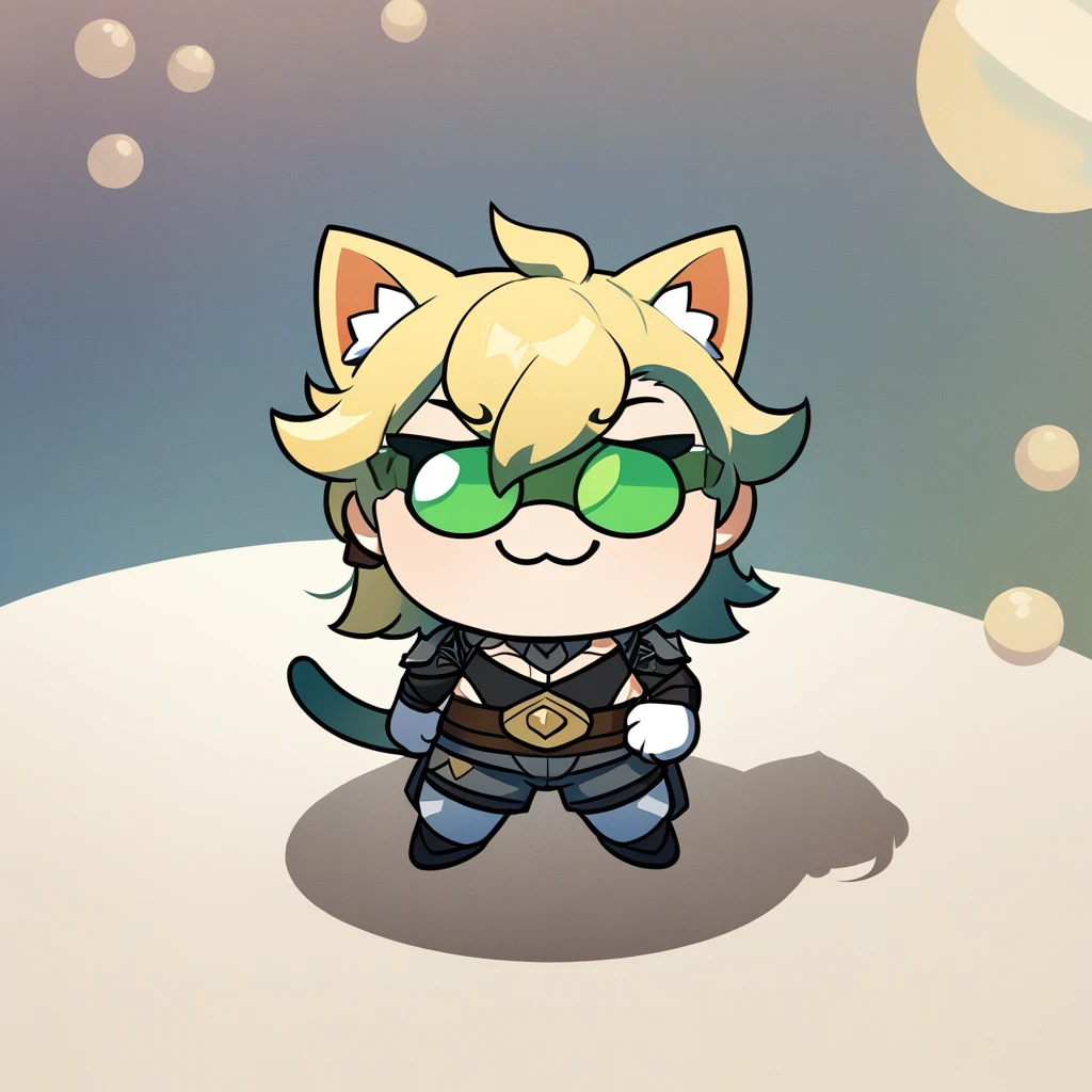 1 Boy, Solitary, Diketone (Genshin Impact), cat tail, Animal ear fluff, have, shorts, Green Eyes, Catwoman, Gloves, white Gloves,  Separate sleeves, 4K, Ultra HD, absurd, Pixiv Featured, Simple shadow, Japanese cartoons art, Japanese cartoons, Cartoon shading, de-tailed eyes, Circle, Smiling Chibi, Gachapon style, adventure，warrior，Samurai sword