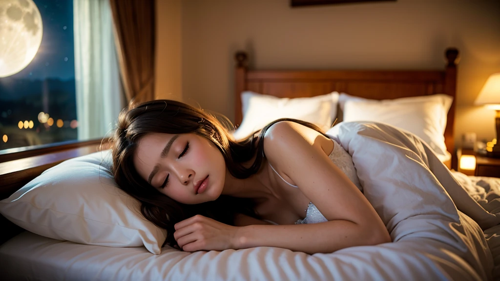 Sleeping woman、sleepy girl、Bronze haired girl、A beautiful Western girl with a small face、Beautiful girl lying on a big bed、Anime Girl、bed、Large windows、One big window、Moonlit Night、Sleep、8K、Cinematic、Anime Style、The window is a starry sky、healing、暗いbedルーム、The lamp lights up。 