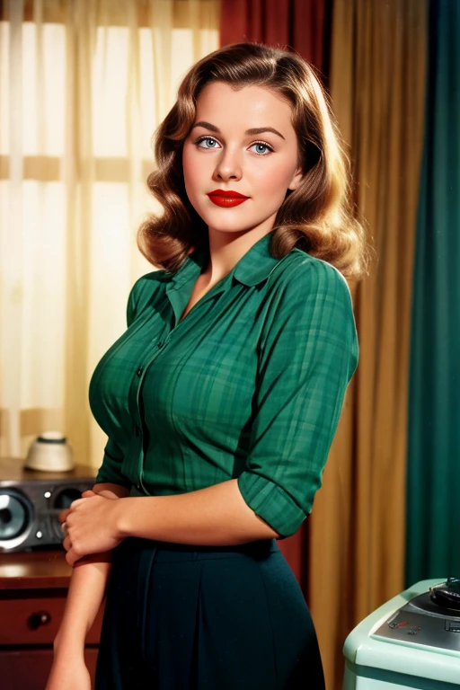 germany, 1952, A young swedenbeautiful girl, 20-year-old, sexy girl, strikingly beautiful, blonde hair, (big breasts:1.2), delicate facial features, porcelain skin, red lips, blue eyes, expressive eyes, woman in green and black plaid shirt standing in front of a radio, colorized photo, color studio portrait, colourized, a colorized photo, cozy 1 9 5 0's, dressed like in the 1940s, colorized, colorized background, colorized photograph, restored color, portrait of paulette goddard, clothed non -  portrait, award winning colorized photo