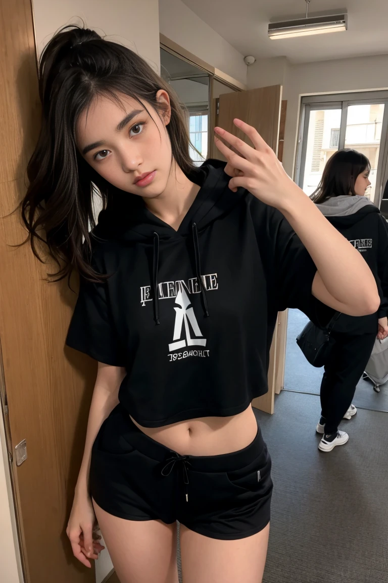 deux femmes ensemble de 18 ans sexy et mince , black short sleeve hoodie , salle de classe, se touche,position sey,sensuel