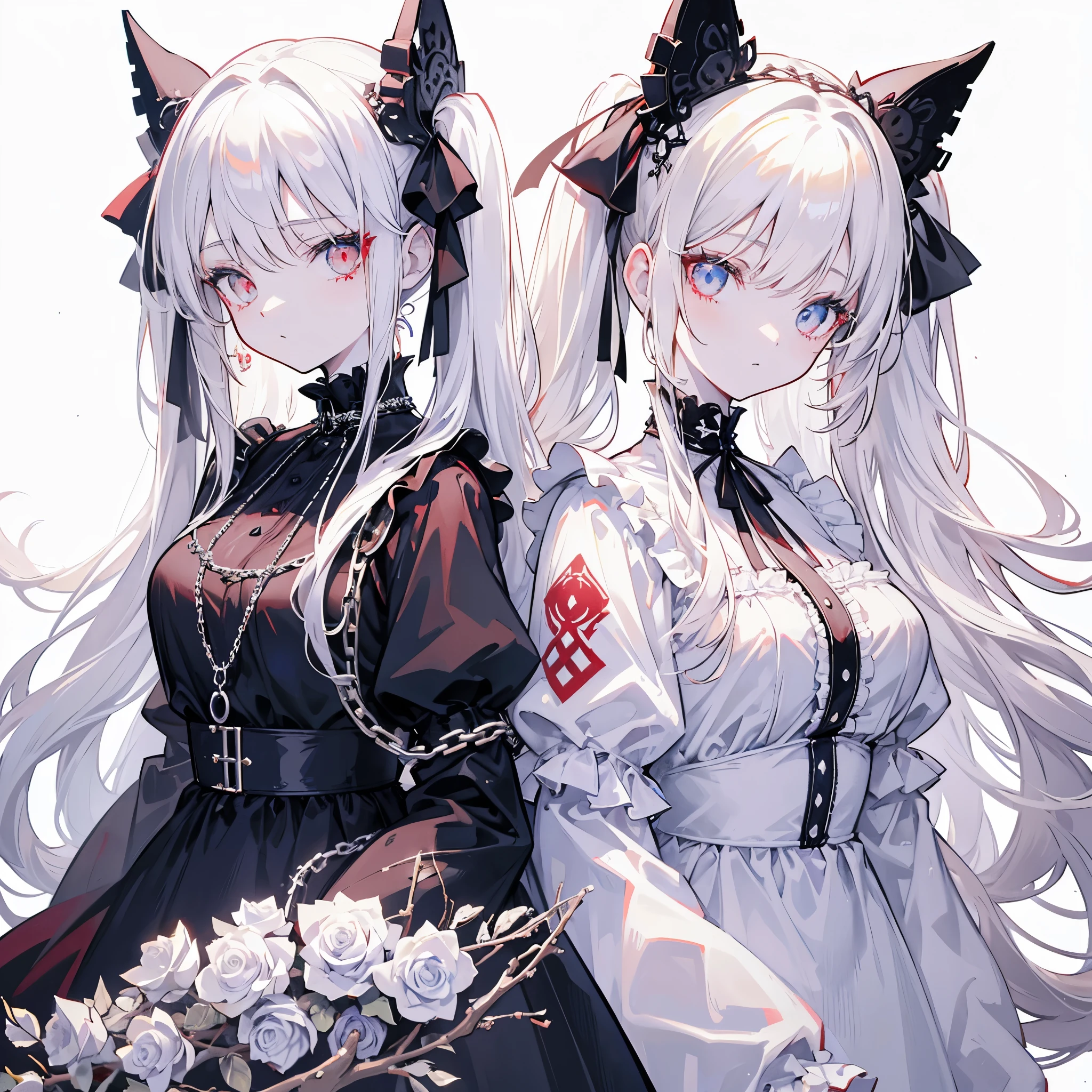 Two girls, red eyes and beige hair, blue eyes and white hair, twin tails, long hair, monochrome gothic fashion, white roses, white background, chains