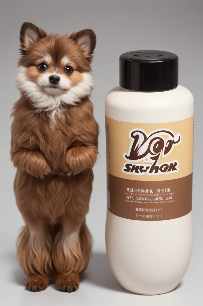 Inspired by Disney Pixar, create a Shitzu with long brown fur and white holding on.in one hand a bottle of shampoo and in the other a package of dog biscuits