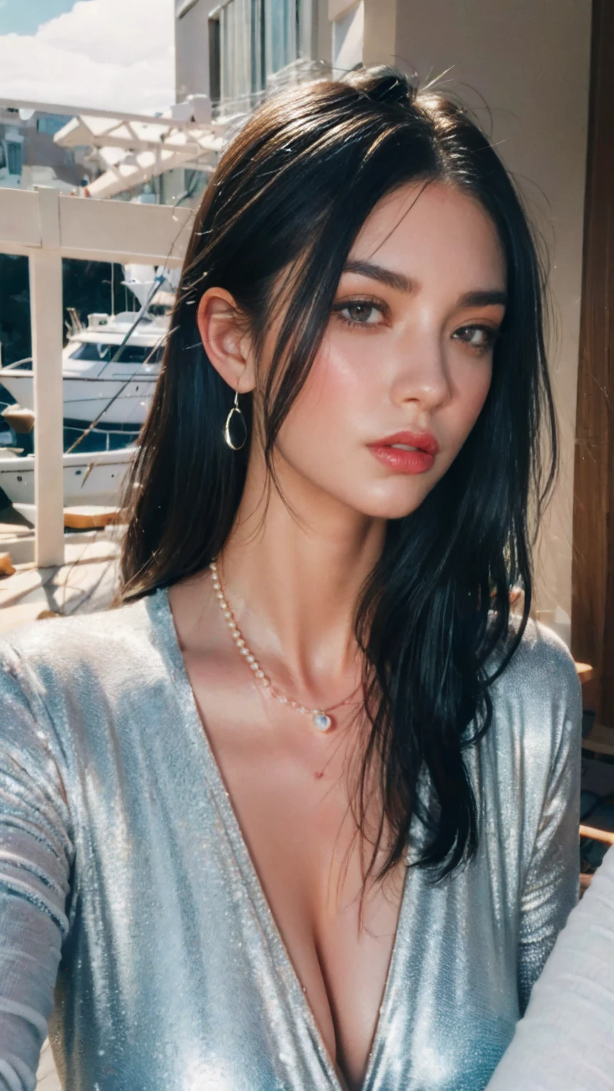 A glamorous 25yo woman with (black bob hairstlye), sparkling blue eyes, and olive skin. She stands (gotic stlye) that reaches the floor, reflecting the sunlight off the yachts. A single pearl necklace adorns her neck. The scene takes place on ((abandon house)), masterpiece, best quality, realistic, ultra detailed, head shot