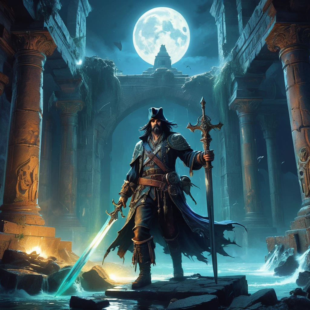 Visualize a dark-headed pirate standing amidst the ruins of an ancient temple in a medieval dark fantasy setting. His weather-beaten attire blends shades of midnight blue and faded black, adorned with tattered remnants of once-rich fabrics that flutter in the ghostly breeze. Strapped across his back is an enchanted sword, its hilt intricately carved with runes that pulse with a faint, ethereal glow, reflecting the remnants of the temple's lost magic.
The pirate's gaze, sharp and calculating beneath a bandana adorned with mysterious symbols, scans the decrepit temple walls adorned with crumbling statues of forgotten gods. His rugged features are etched with tales of countless voyages and battles on storm-tossed seas, a testament to his resilience in the face of adversity.
Around him, the air is heavy with the scent of damp stone and the faint whisper of ancient incantations that echo through the hollow chambers. Shafts of moonlight filter through shattered stained glass windows, casting shards of multicolored light upon the scattered remnants of a once-glorious altar.
Capture the essence of adventure and mystery as this dark-headed pirate navigates the treacherous depths of the ruined temple, where echoes of forgotten legends and untold treasures await discovery amidst the encroaching shadows of a bygone era in the medieval dark fantasy world.