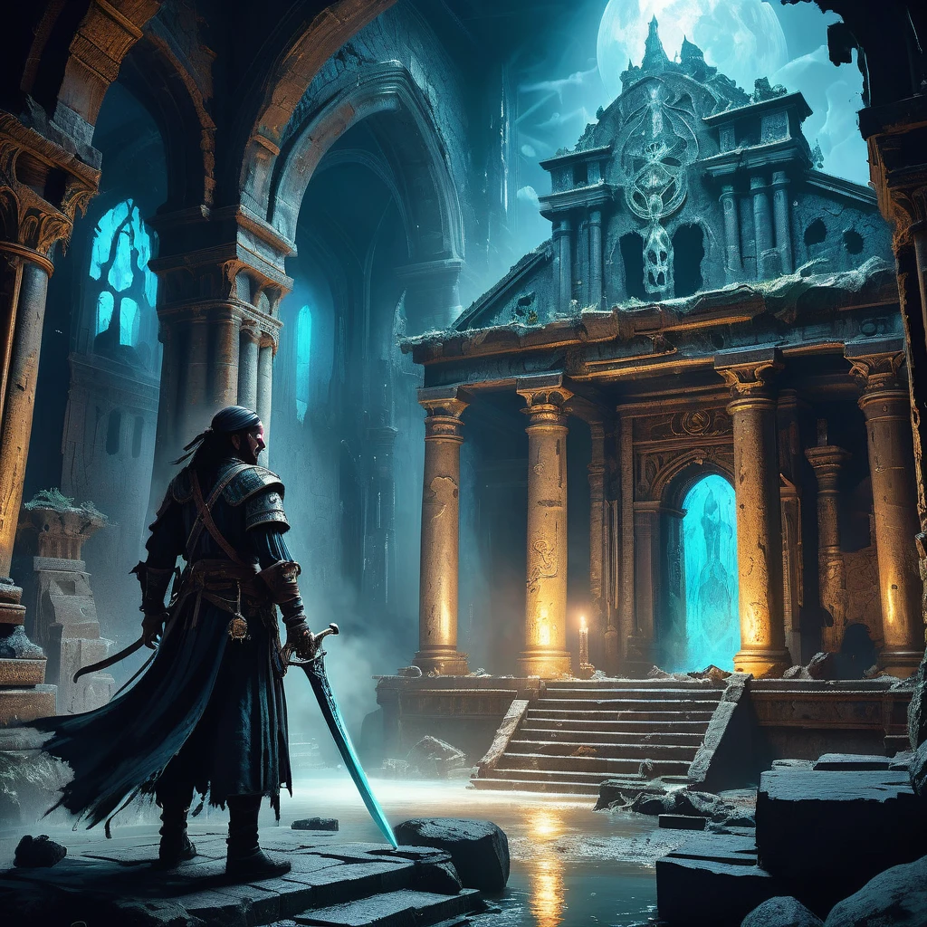 Visualize a dark-headed pirate standing amidst the ruins of an ancient temple in a medieval dark fantasy setting. His weather-beaten attire blends shades of midnight blue and faded black, adorned with tattered remnants of once-rich fabrics that flutter in the ghostly breeze. Strapped across his back is an enchanted sword, its hilt intricately carved with runes that pulse with a faint, ethereal glow, reflecting the remnants of the temple's lost magic.
The pirate's gaze, sharp and calculating beneath a bandana adorned with mysterious symbols, scans the decrepit temple walls adorned with crumbling statues of forgotten gods. His rugged features are etched with tales of countless voyages and battles on storm-tossed seas, a testament to his resilience in the face of adversity.
Around him, the air is heavy with the scent of damp stone and the faint whisper of ancient incantations that echo through the hollow chambers. Shafts of moonlight filter through shattered stained glass windows, casting shards of multicolored light upon the scattered remnants of a once-glorious altar.
Capture the essence of adventure and mystery as this dark-headed pirate navigates the treacherous depths of the ruined temple, where echoes of forgotten legends and untold treasures await discovery amidst the encroaching shadows of a bygone era in the medieval dark fantasy world.