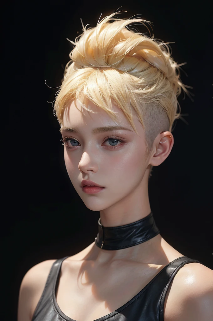 a 20 yo woman, blonde, (hi-top fade:1.3), dark theme, soothing tones, muted colors, high contrast, (natural skin texture, hyperrealism, soft light, sharp)