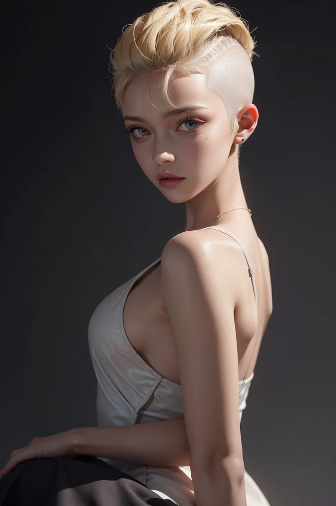 a 20 yo woman, blonde, (hi-top fade:1.3), dark theme, soothing tones, muted colors, high contrast, (natural skin texture, hyperrealism, soft light, sharp)