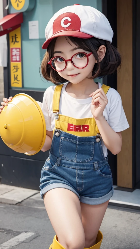Arale is small and has a slightly rounded figure.、Overall a cute impression。The face shape is round、Plump cheeks。The eyes are large and round、It has a sparkling shine like an anime character.。Eyebrows are thin and arched、Make a gentle impression。the nose is small and round,。The mouth is small、When you smile, both ends rise up.。She wears big round glasses、Wearing a red cap。In front of the cap「Arare」it is written like this。He is wearing blue overalls and a white T-shirt、Yellow Boots。Raise your right hand high「Uncha」&quot; he said cheerfully.。

In the background you can see Dr. Yamabuki&#39;s house in Penguin Village.。The house is a brown wooden structure.、The roof is made of blue tiles。There is a well-kept garden in front of the house.、Colorful flowers々is blooming。The sky is blue and clear.、White clouds float、The bright sunlight illuminates everything。Arale&#39;s overall atmosphere is cheerful and bright.、A scene that makes viewers smile。