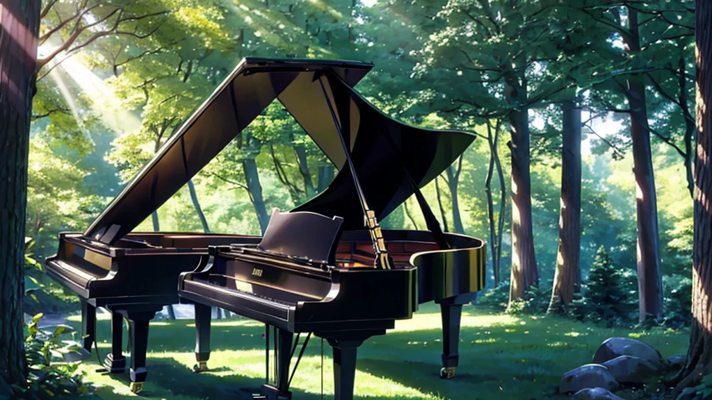 A grand piano placed under a large tree、The soft sunlight filtering through the trees makes it sparkle.、One grand piano、There is no one、With Makoto Shinkai-esque illustration touch、Rough anime style、in the forest