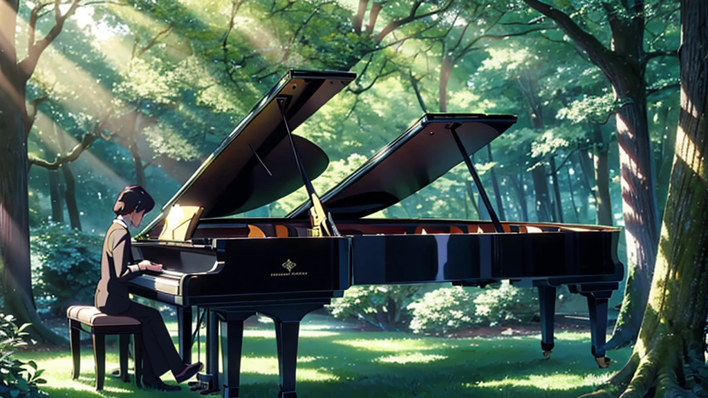 A grand piano placed under a large tree、The soft sunlight filtering through the trees makes it sparkle.、One grand piano、There is no one、With Makoto Shinkai-esque illustration touch、Rough anime style、in the forest