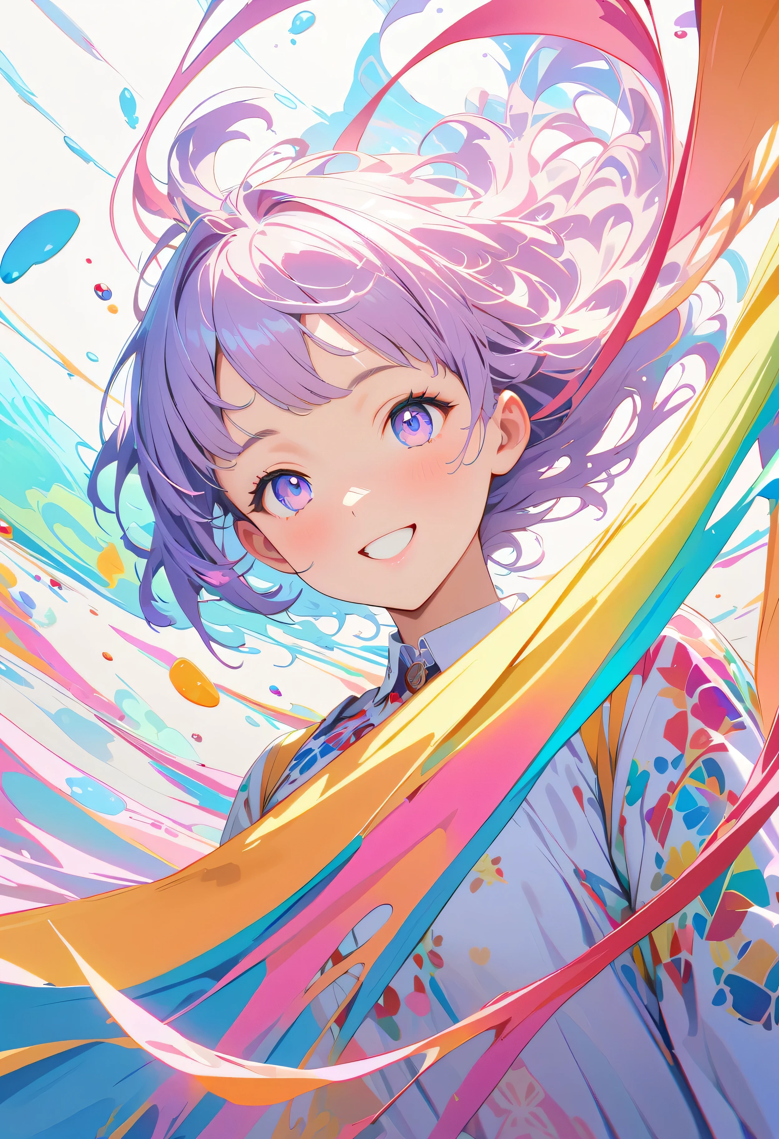 (masterpiece, Highest quality, Official Art:1.2), (colorful), Perfect Anatomy, Looking at the audience,One Girl, alone, White Background, floating colorful water, Ultra-fine illustrations, Highly Details, Dynamic Angle, Beautiful detailed, 8K, 壊す smiling amidst the colorful scenes, (High resolution), Anime Style, (Fractal Art:1.1), pastel colour