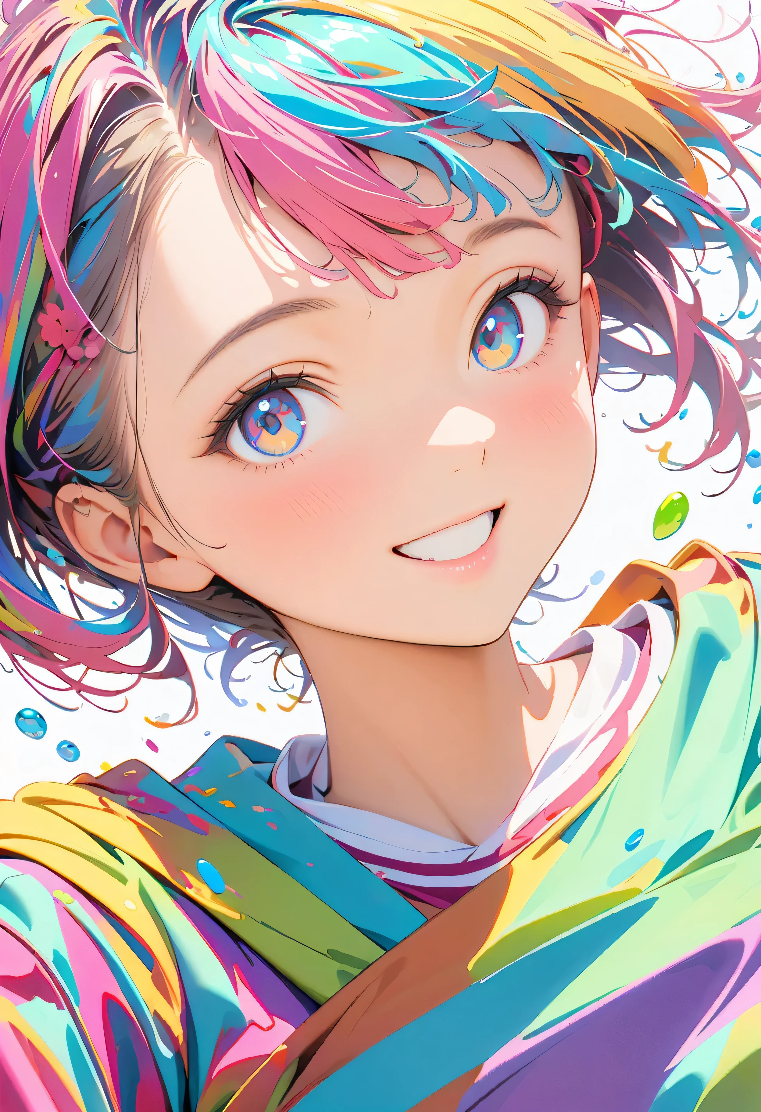 (masterpiece, Highest quality, Official Art:1.2), (colorful), Perfect Anatomy, Looking at the audience,One Girl, alone, White Background, floating colorful water, Ultra-fine illustrations, Highly Details, Dynamic Angle, Beautiful detailed, 8K, 壊す smiling amidst the colorful scenes, (High resolution), Anime Style, (Fractal Art:1.1), pastel colour