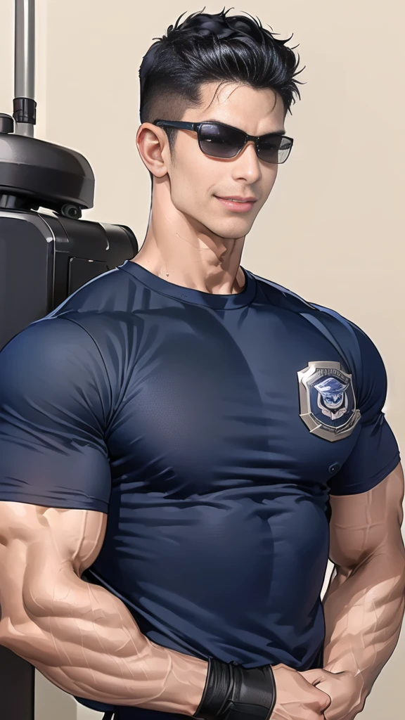1 man,(Skinheads hairstyles) ,black eye,(Wear a fitted round neck t-shirt in navy with a police badge.:1.3),(fit neck),Navy blue jeans,(black_gloves), Korean guy,chest muscles,large arm muscles,blood vessel,Big muscles,Broad shoulders,(Carrying a black backpack:1.3),(sunglasses:1.1), smile, middle of the road, (ด้านหน้าร้าน บะหมี่:1.8) รถสีกรมท่า ด้านหน้า