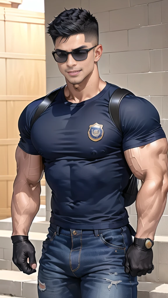 1 man,(Skinheads hairstyles) ,black eye,(Wear a fitted round neck t-shirt in navy with a police badge.:1.3),(fit neck),Navy blue jeans,(black_gloves), Korean guy,chest muscles,large arm muscles,blood vessel,Big muscles,Broad shoulders,(Carrying a black backpack:1.3),(sunglasses:1.1), smile, middle of the road, (ด้านหน้าร้าน บะหมี่:1.8) รถสีกรมท่า ด้านหน้า
