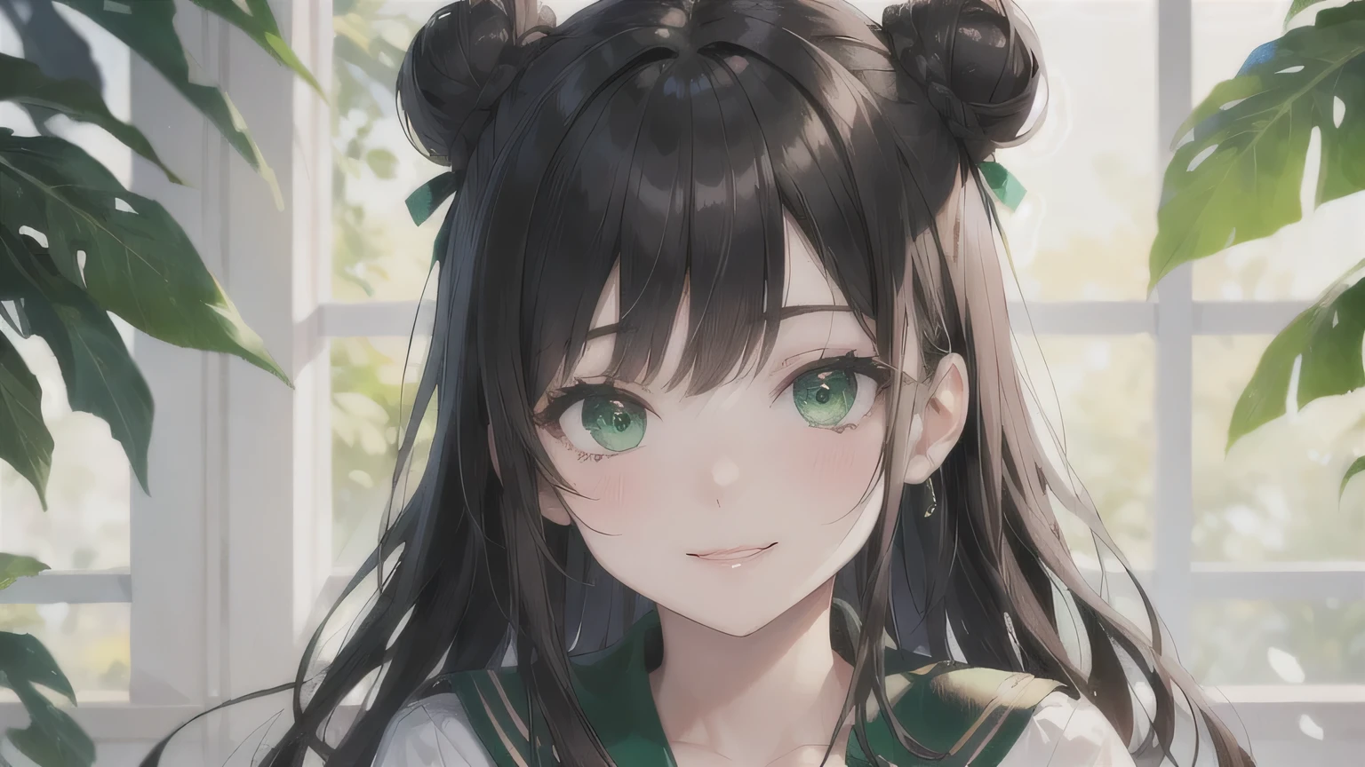 Black Hair、Bun Hair、Upstyle、One Girl,20-year-old,Beautiful Face,Upper Body、Sharp focus,White and green sailor suit、Cute Smile、Green Eyes