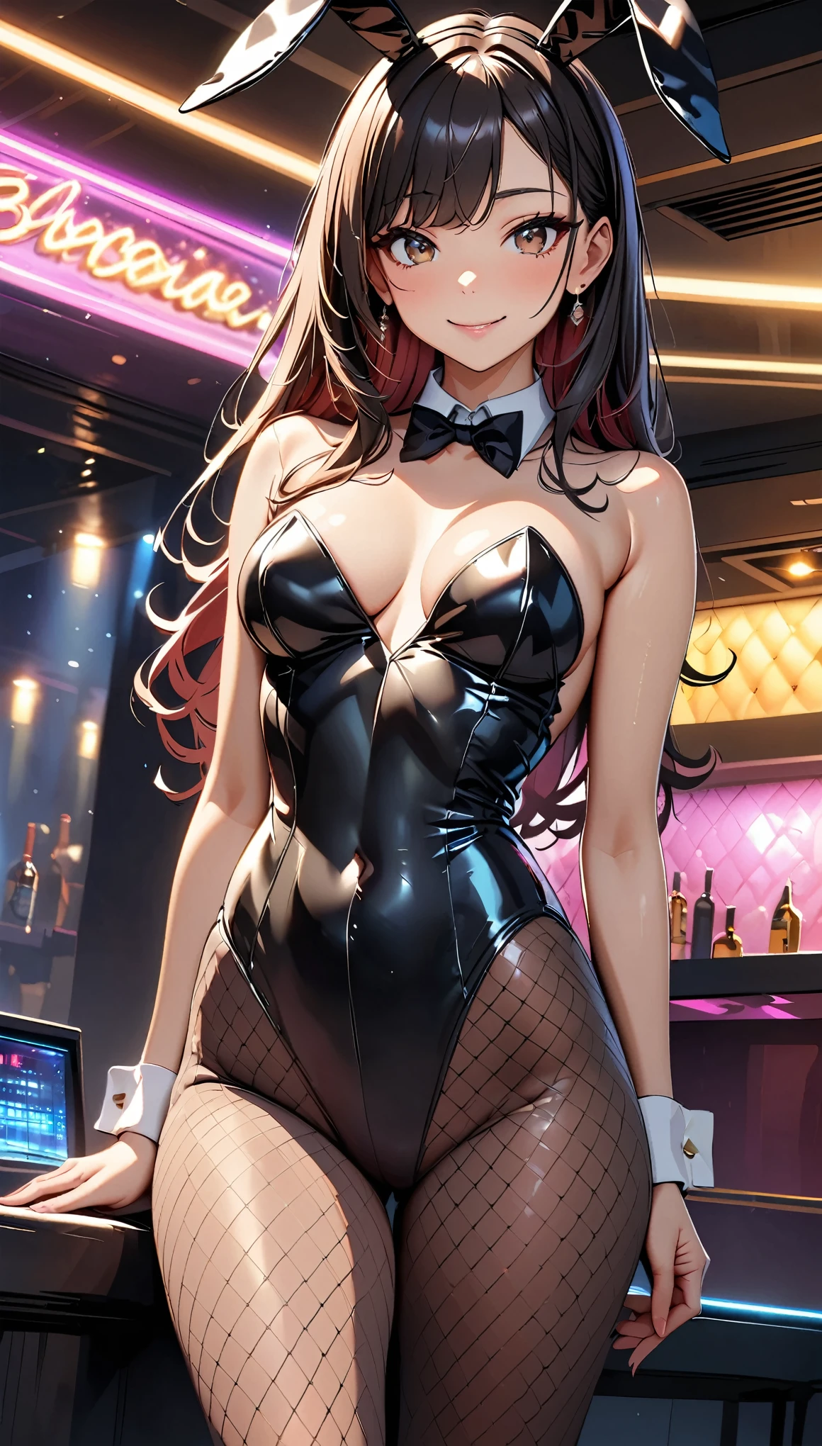 (Highest quality:1.2, High detail, masterpiece:1.2, Best aesthetics), (1 Girl), Cowboy Shot, ((Playboy Bunny, Fishnet tights:1.2, Bunny ears, ハイレグ leotard, 黒leotard:1.1, leotard)), (Black Hair, Long Hair, Asymmetrical bangs, Dark brown eyes), Beautiful detailed eyes, Beautiful detailed lips, Highly detailed face, Detailed Fashion, elegant, luxury, High quality fabric, Shine, Shine, smile, Random Pause, Dutch Angle, bar, Nightclub, night, Dramatic lighting, Cinematic, Bright colors, Intricate details, Chiaroscuro lighting.