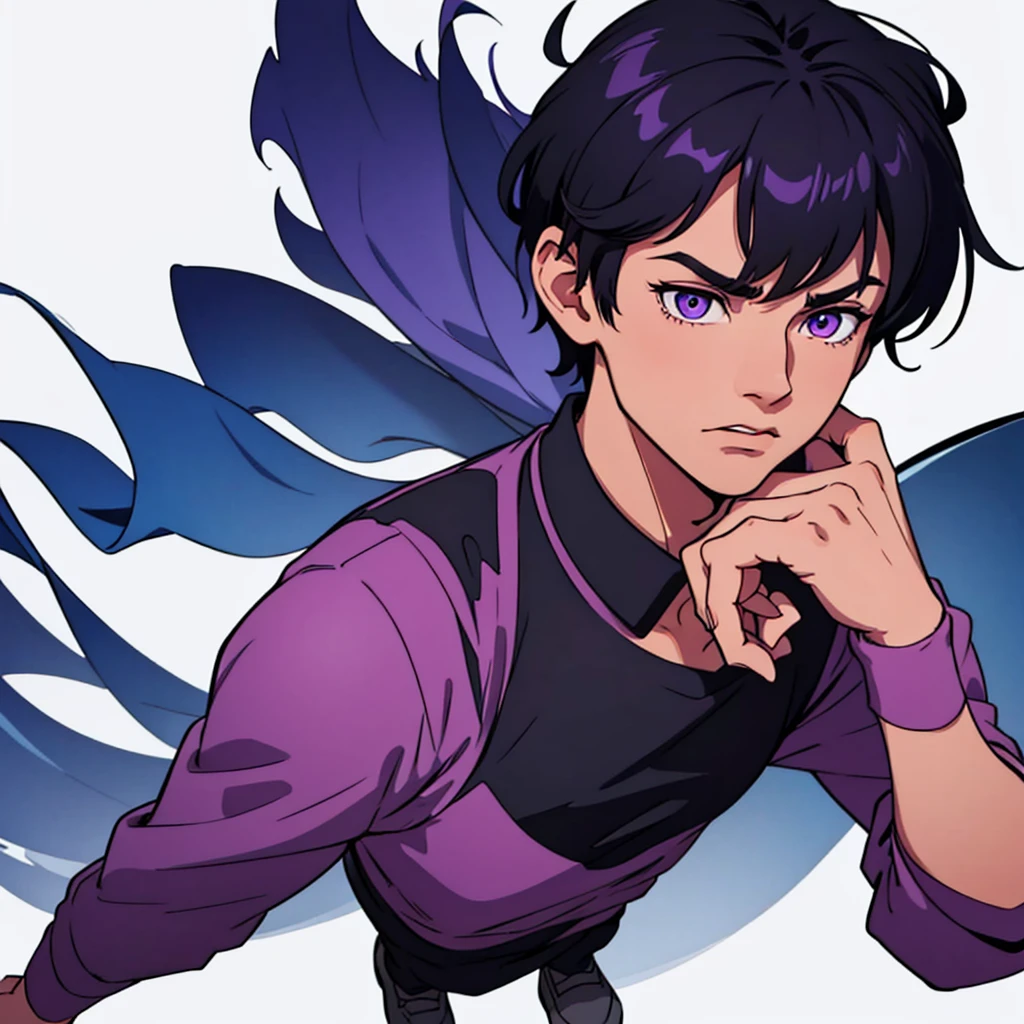 full face visible, looking towards camera, looking forward, short black hair, highres, high resolution, masterpiece, wide purple eyes, talking, neutral face, confident, masterpiece, best quality, highres, 1 man, 1 person, 1 entity, Baro Shoei blue lock, extremely short hair, black hair, short hair, ager, colorful hair, light background, full body, teen, colorful parts, symbols, dark , bold, realistic mixing dark lines and loose lines, bold lines, on paper, human man, full body, imposing pose, stylish outfit, dark theme, handsome, attractive, boastful, standing, male, sharp chin, wide jaw, square face, white background, highres, high resolution, masterpiece, afraid, scared, terrified, spooked, nervous, worried, scared