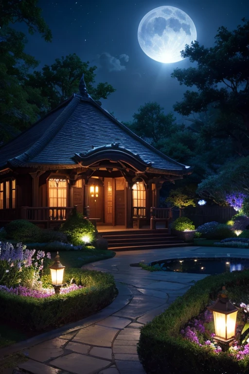 high resolution、masterpiece、Garden at Night、There is moonlight、A sacred beast that seems to protect、Fantasy