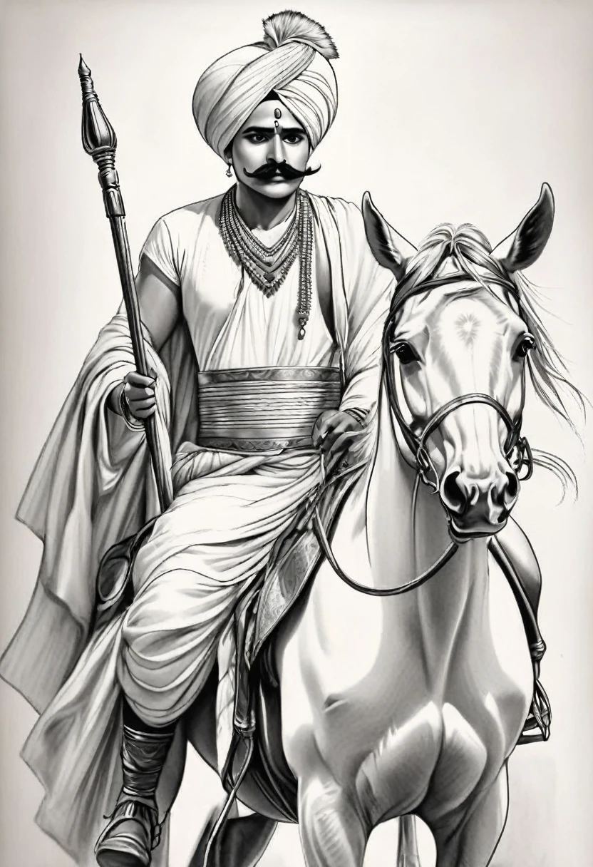 A 30 year old man wearing a white Indian Gujarati turban has a large mustache on his face,He collapses on the ground, bleeding profusely from his stomach which should appear red in color and his wife who is wearing a Gujarati saree tries to help him up, A hut is built behind them (b&w, black and white:1.2) monochrome pencil art,(sketch), simple flat 2D drawing,
simple