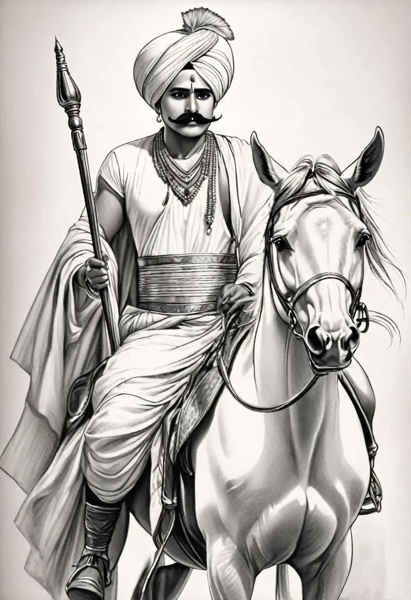 A 30 year old man wearing a white Indian Gujarati turban has a large mustache on his face,He collapses on the ground, bleeding profusely from his stomach which should appear red in color and his wife who is wearing a Gujarati saree tries to help him up, A hut is built behind them (b&w, black and white:1.2) monochrome pencil art,(sketch), simple flat 2D drawing,
simple