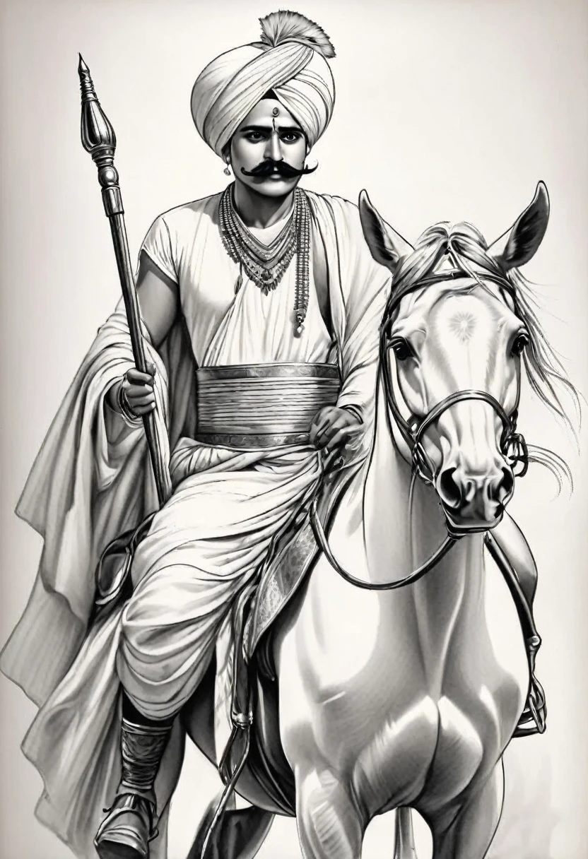 A 30 year old man wearing a white Indian Gujarati turban has a large mustache on his face,He collapses on the ground, bleeding profusely from his stomach which should appear red in color and his wife who is wearing a Gujarati saree tries to help him up, A hut is built behind them (b&w, black and white:1.2) monochrome pencil art,(sketch), simple flat 2D drawing,
simple