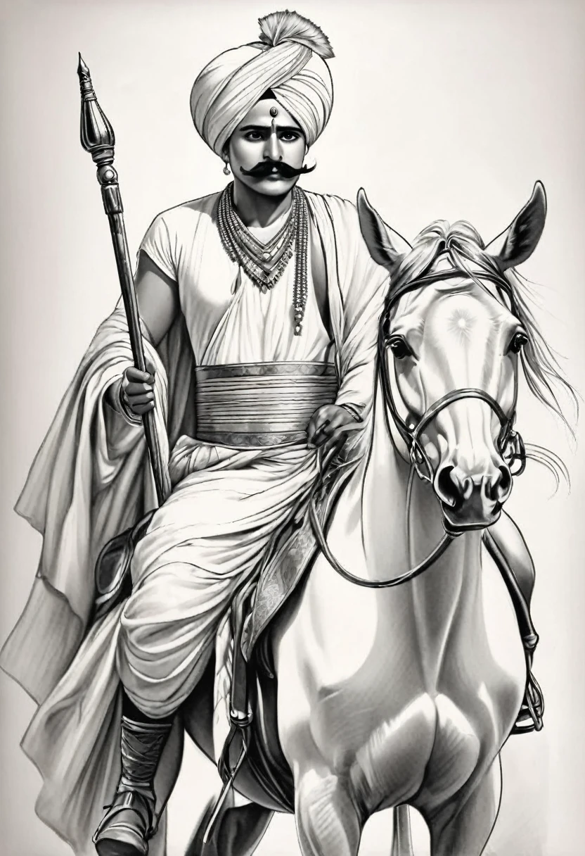 A 30 year old man wearing a white Indian Gujarati turban has a large mustache on his face,He collapses on the ground, bleeding profusely from his stomach which should appear red in color and his wife who is wearing a Gujarati saree tries to help him up, A hut is built behind them (b&w, black and white:1.2) monochrome pencil art,(sketch), simple flat 2D drawing,
simple