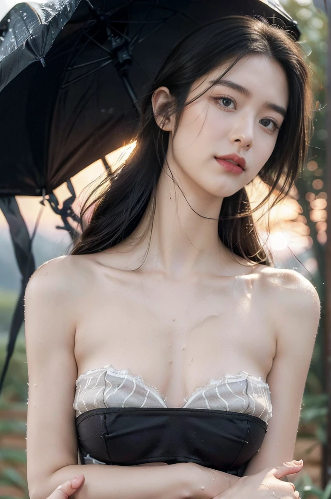 (((best quality))),(((ultra detailed))),(((masterpiece))),illustration,((1 beautiful girl,solo)),((slim,thin,flat chest)),(shoulder length straight bob hair:1.2),flowing hair,fair skin,(shiny skin:1.3),detailed eyes,laughing,(strapless bra:1.3),delicate necklace,grass,dewdropletts,trees,bird chirping,serenity,gratitude,awe,wonders of nature,peace,contentment,magnificent world,summer,(pitch-dark dawn:1.5),(night scene:1.3),((from front)),after rain,(wet:1.3),standing,on the path,At the mountaintop,confident gaze,elegant posture,mysterious atmosphere,solemn mood,dawn approaching,detailed decorations,(sunrise:1.3),(cloudy sky:1.2),rainbow,(Rural Landscape:1.2),horizon,(close-up of face:1.3)