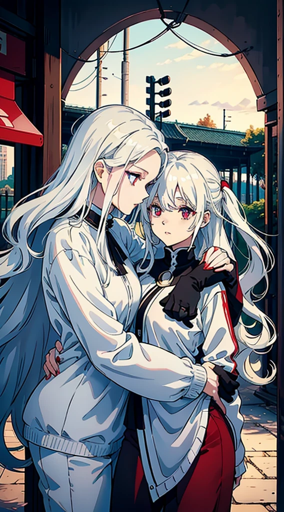 woman with long wavy white hair bright blue eyes wearing a white blouse and black pants hugging a black haired girl with red locks with bright red eyes wearing a black sweater and white pants taking her phone for a photo they are in a park