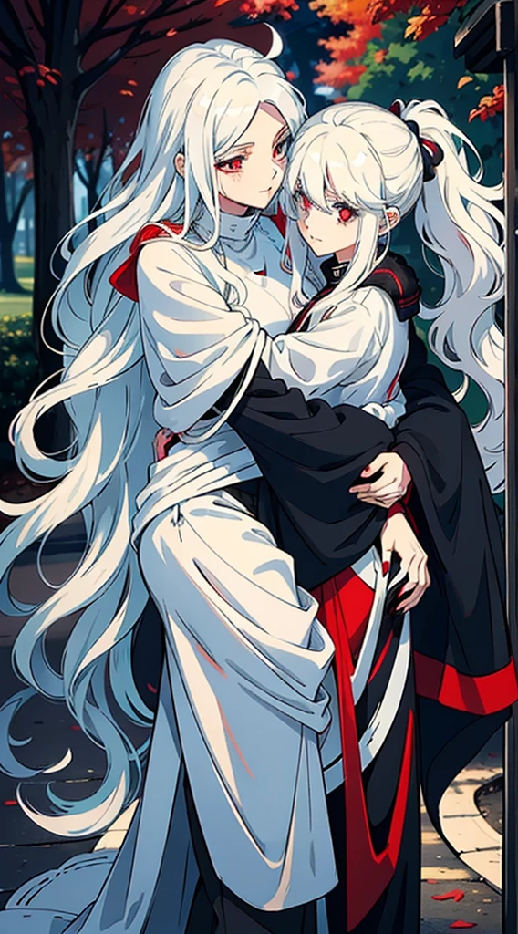 woman with long wavy white hair bright blue eyes wearing a white blouse and black pants hugging a black haired girl with red locks with bright red eyes wearing a black sweater and white pants taking her phone for a photo they are in a park