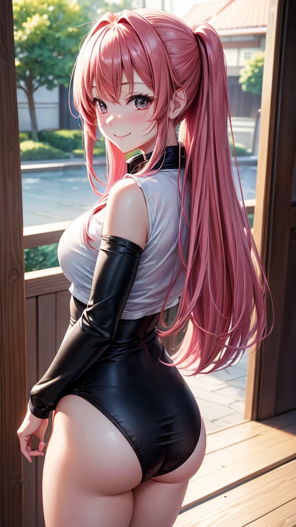 high resolution, ultra-sharp, 8k, Masterpiece, Asuna Yuki, looking at the viewer, Photography from behind, thick ass, wearing black underwear, seductive smile, beautiful face, embarrassed, ashamed, pink hair